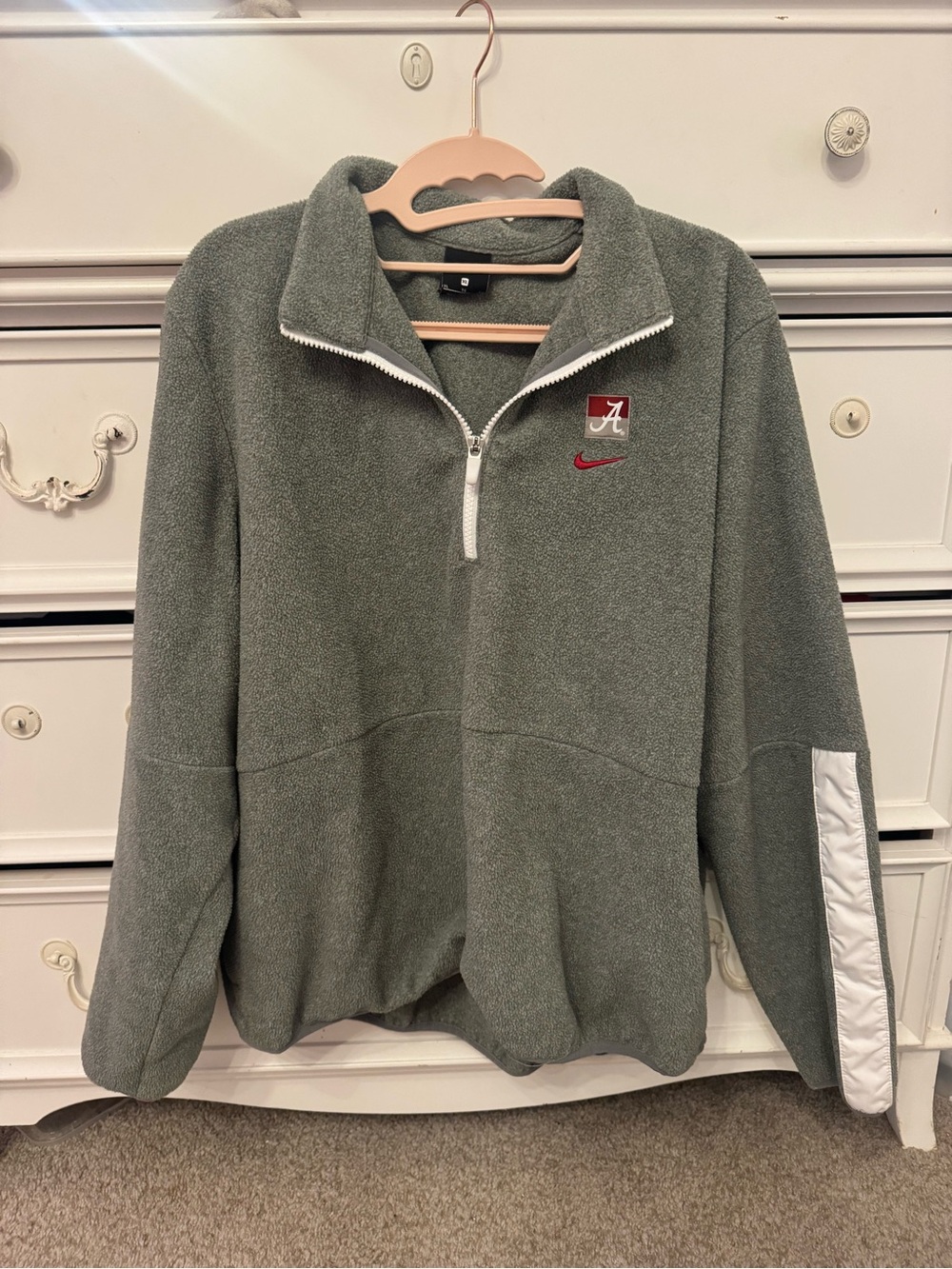 Nike Men's Grey Green Quarter-Zip Fleece with White Trim and Red Embroidery